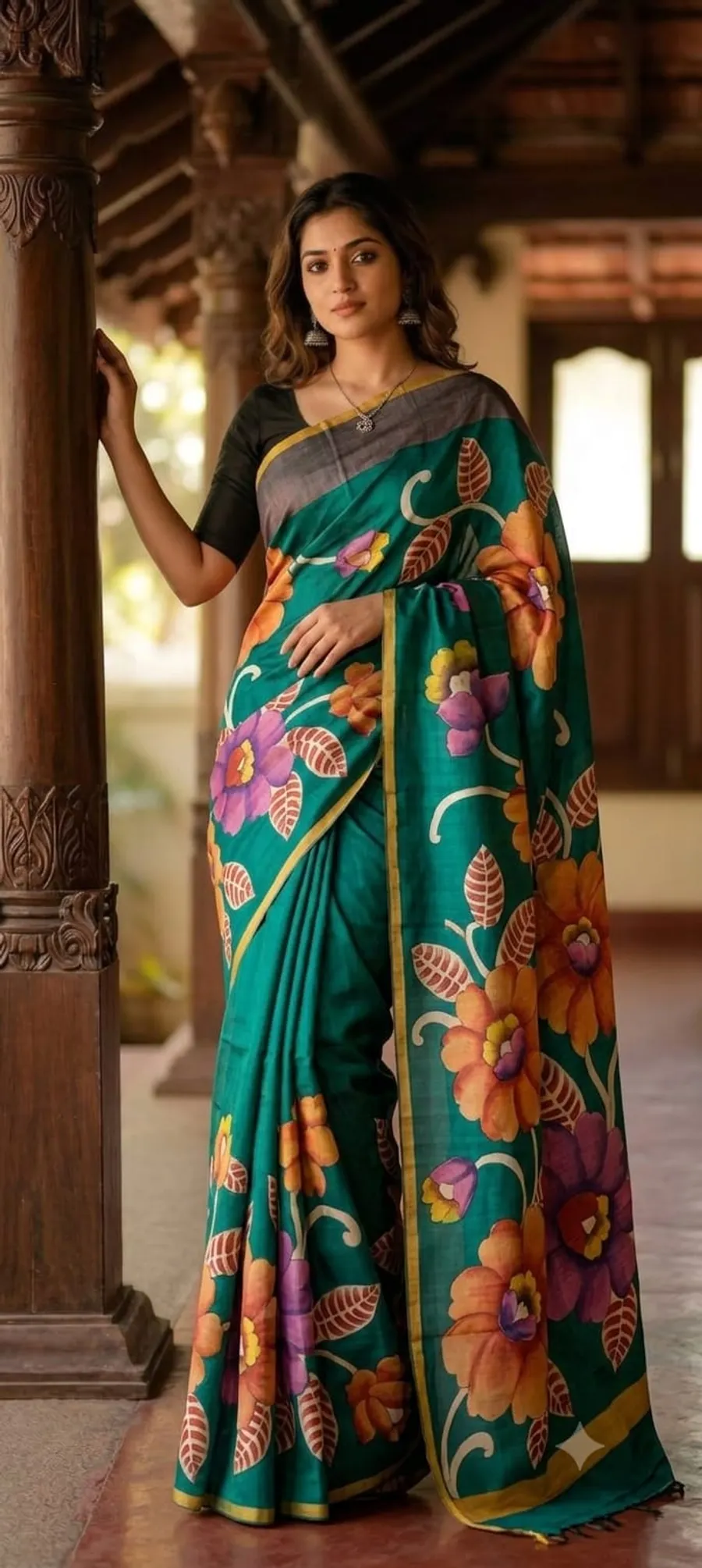 Hand-Painted Bishnupur Silk Saree with Big Floral Design – Latest Designer Collection